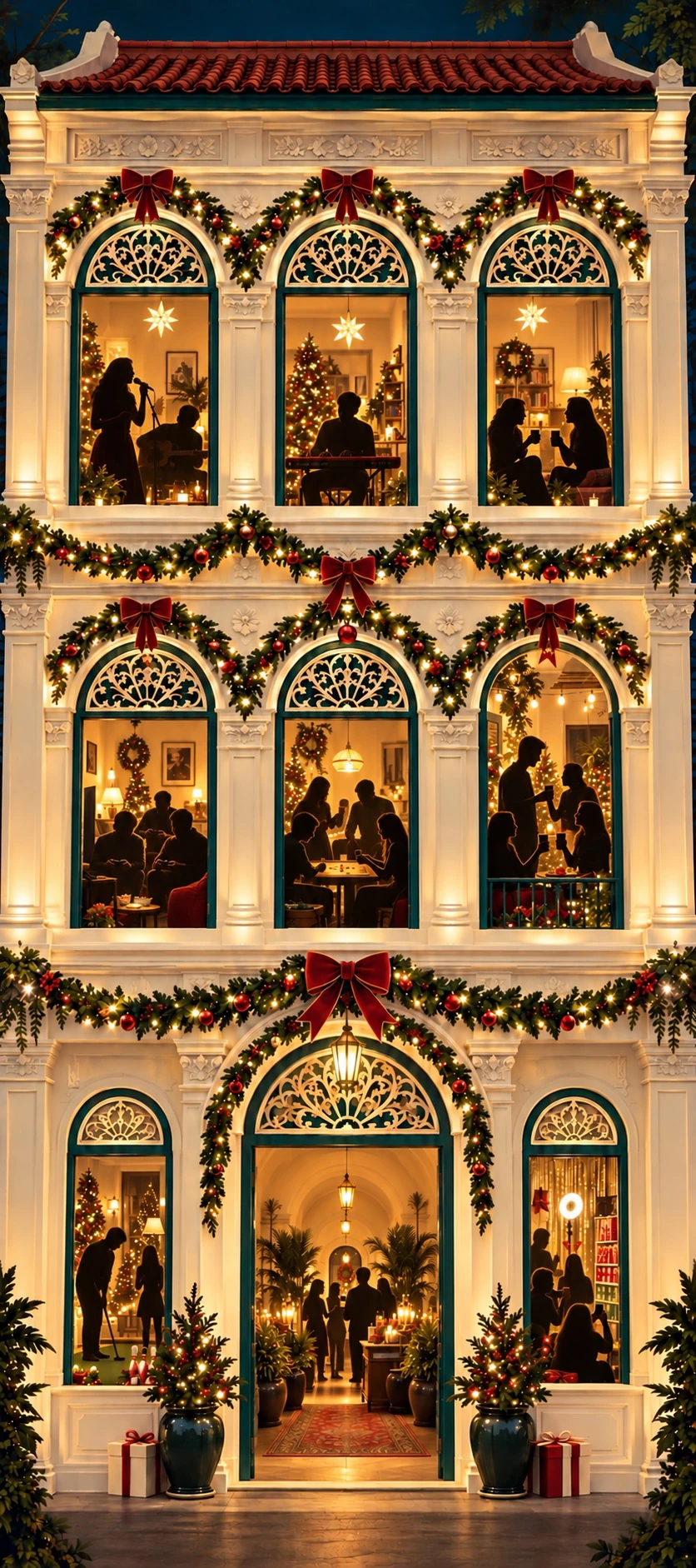 Sleigh House’s official Christmas artwork: a decorated heritage shophouse with warmly lit windows